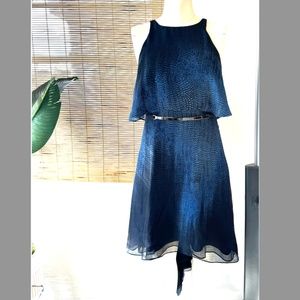HALSTON HERITAGE NAVY SNAKE PRINT HALTER DRESS W/BELT
